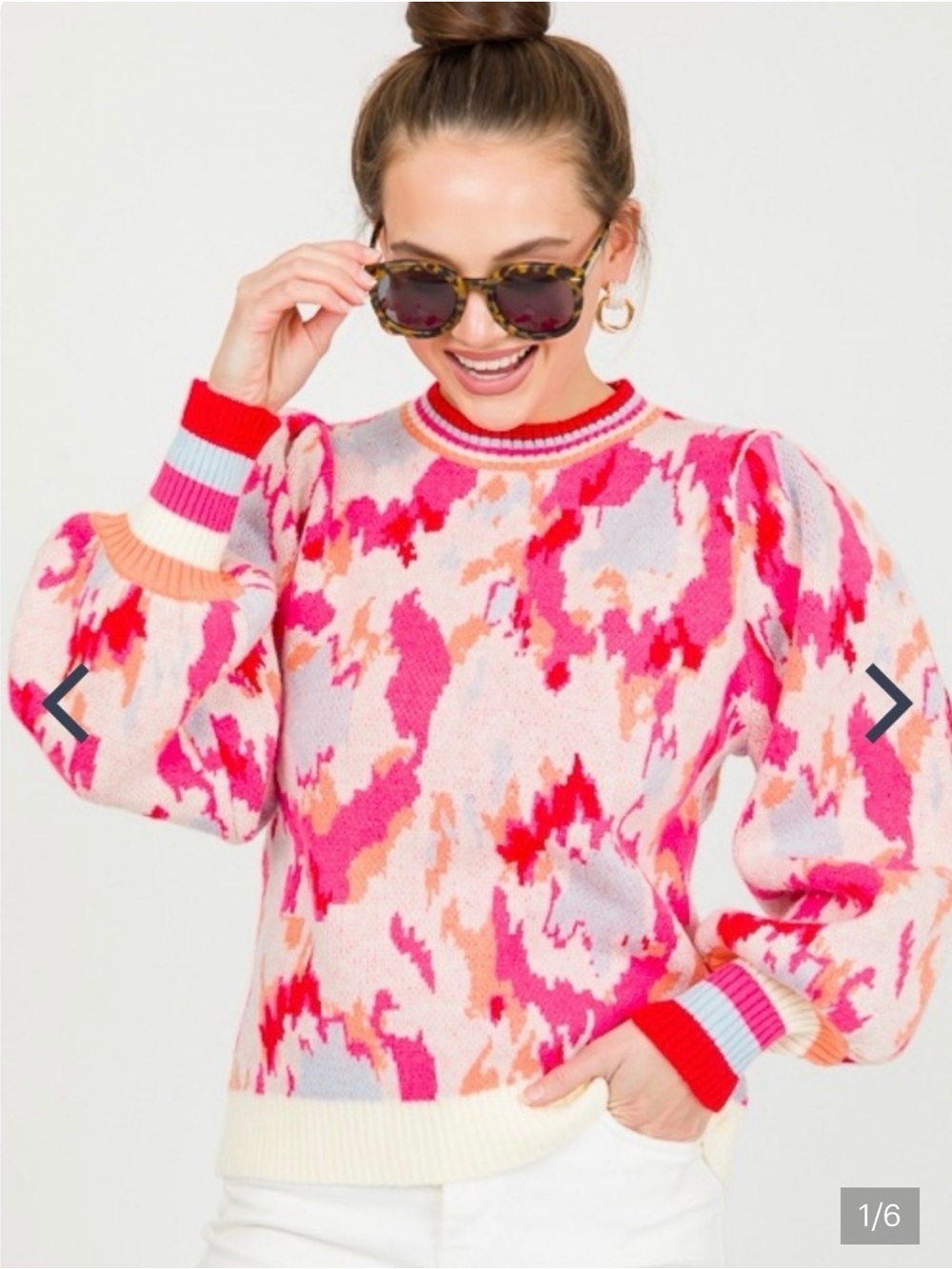 JODIFL Pink Multi-Color Pattern Puff Sleeve Crewneck Sweater
